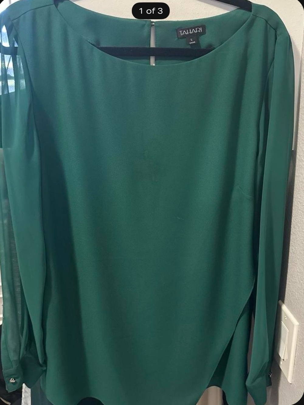 Tahari Teal Green Long-Sleeve Chiffon Blouse